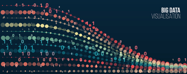 Abstract stream information with ball array and binary code. Filtering machine algorithms. Sorting data. Vector technology background. Big data visualization. Information analytics concept.
