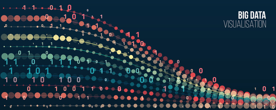 Abstract stream information with ball array and binary code. Filtering machine algorithms. Sorting data. Vector technology background. Big data visualization. Information analytics concept.