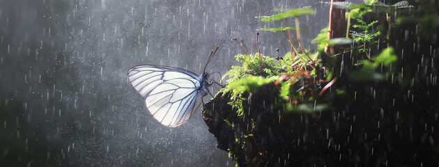 butterfly on mushroom in the forest, magic picture macro photo, seasonal landscape spring in the...