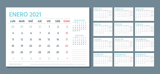 2021 Spanish calendar. Planner template. Vector. Week starts Monday. Schedule grid with 12 month. Yearly stationery organizer. Table Calender layout. Horizontal monthly diary. Simple illustration.