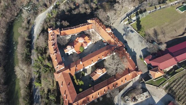 Aerial view of Medieval Bachkovo Monastery Dormition of the Mother of God, Bulgaria