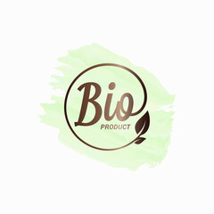 Bio product watercolor design. Bio logo with leaf
