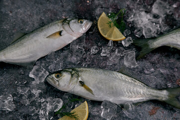 Fresh bluefish with lemon slices on table