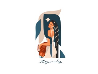 Hand drawn vector stock abstract flat graphic illustration with zodiac astrological sign Aquarius with beauty magic female collection,cartoon artistic design isolated on white background