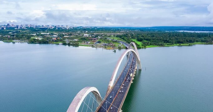 JK Bridge, Juscelino Kubitschek Bridge in Distrito Federal, Brasilia, Brazil, water rationing, water resources, time lapse with drone