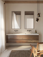 3d rendering of a Mykonos bohemian chic concrete bathroom with a double sink and a Mid Century Hand Cane Armchair