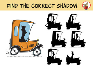 Funny retro car. Find the correct shadow. Educational matching game for children. Cartoon vector illustration