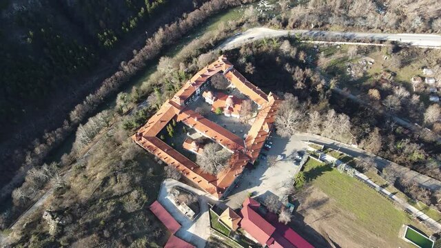 Aerial view of Medieval Bachkovo Monastery Dormition of the Mother of God, Bulgaria