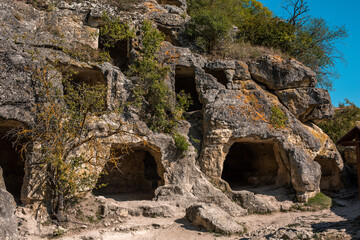 Ancient cave 'houses' in medieval city-fortress Chufut-Kale, Bakhchisaray, Crimea. These kind of 'buildings' were used for living, storage or even public places
