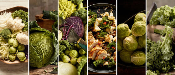 Assorted fresh cabbages between pan with delicious food