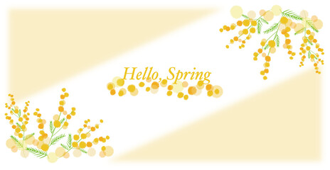 Spring flowers frame for web, banner and graphics design. Hello, Spring illustration. Vector illustration. ミモザフレーム、春デザインフレーム、春バナーデザイン