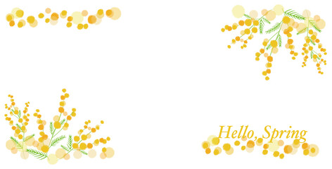 Spring flowers frame for web, banner and graphics design. Hello, Spring illustration. Vector illustration. ミモザフレーム、春デザインフレーム、春バナーデザイン