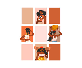 Hand drawn vector abstract stock graphic illustration with young happy black afro american beauty women group lifestyle avatar composition isolated on white background.