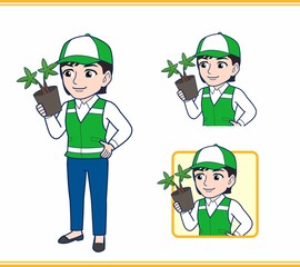 緑の帽子をした女性のボランティア