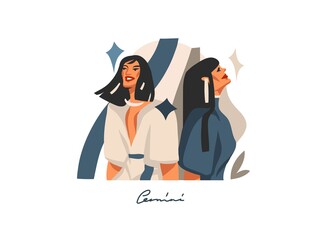 Hand drawn vector stock abstract flat graphic illustration with zodiac astrological sign Gemini with beauty magic female collection,cartoon artistic design isolated on white background