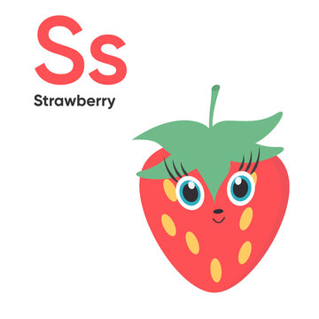 Cute Vegetables and Fruit Alphabet Series A-Z. Vector ABC. Letter Ss. Strawberry. Cartoon fruits and vegetables alphabet for kids. Isolated vector icons Education, baby shower children prints, decor, 