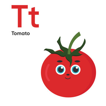 Cute Vegetables and Fruit Alphabet Series A-Z. Vector ABC. Letter Tt. Tomato. Cartoon fruits and vegetables alphabet for kids. Isolated vector icons Education, baby shower children prints, decor, card