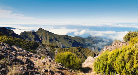 Fototapeta na wymiar Trekking from Pico do Arieiro to Pico Ruivo, Madeira island, Portugal. Beautiful mountain view.