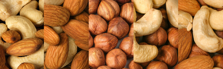 Photo collage cashew nuts, hazelnuts and almonds
