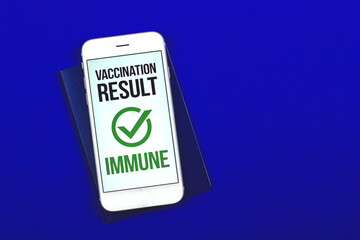 Negative vaccination result, COVID-19 test, safe travel and new normal concept on blue background,workspace and top view