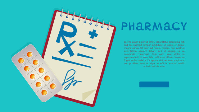 Medical information template with space for text and image of prescription with blister of pills on blue background. Vector illustration in flat cartoon style.