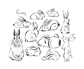 Hand drawn vector abstract ink sketch graphic drawing scandinavian Happy Easter simple bunny illustrations collection set with freehand collage textures in pastel colors isolated on white background