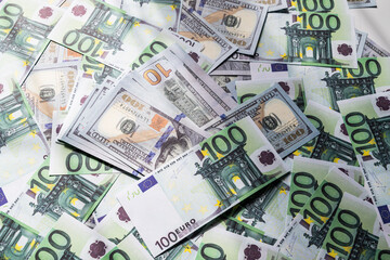 Obraz na płótnie Canvas Banknotes 100 euros beautifully laid out. Euro euro money. European Union banking, financial savings.