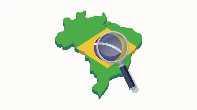 Loop de pesquisa com lupa no mapa da bandeira do Brasil em um fundo branco (design plano)