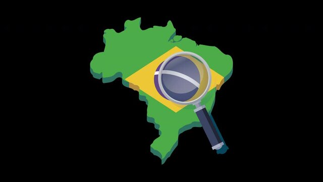 Loop de pesquisa com lupa no mapa da bandeira do Brasil com canal alfa no final do v&iacute;deo (design plano)
