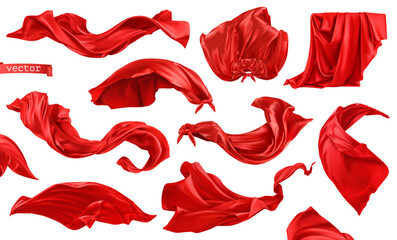 Red curtain, superhero cape 3d realistic vector set - obrazy, fototapety, plakaty