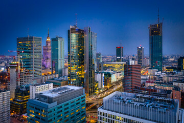 Amazing cityscape of Warszawa at night, capital city of Poland.