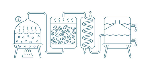 Essential oil making. Distillations aromatic oils production. Distillation process. Perfumery substances. Distiller equipment. Vector infographic. Blue line contour.