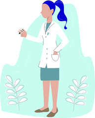 Flat character doctor with a syringe in hand. Virus vaccination concept. Cartoon physician. Coronavirus vaccine. Disease prevention and health care. Medical equipment. Flat closeup on white backdrop.