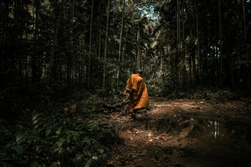 Buddyjski mnich w pomarańczowej szacie samotnie wędrujący przez dżunglę. - obrazy, fototapety, plakaty