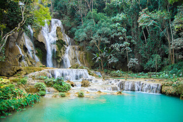 aquamarin farbender Wasserfall Kuang Si im Wald in Kambodscha