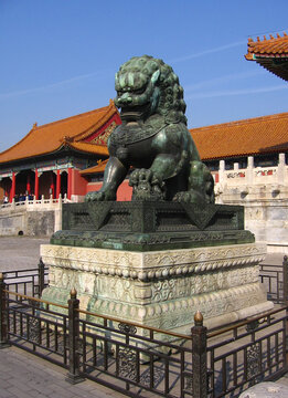 Beijing, China - November 10, 2010: Sculpture of guardian lion at the Gate of Supreme Harmony, the second major gate in the south of the Forbidden City.