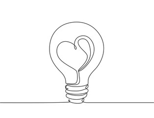 One continuous line drawing of shining lightbulb with power love icon logo emblem. Creative attraction symbol logotype template concept. Modern single line draw design graphic illustration