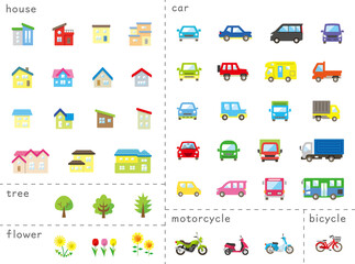 家と車と二輪車と植物のアイコンセット(カラー)分類バージョン