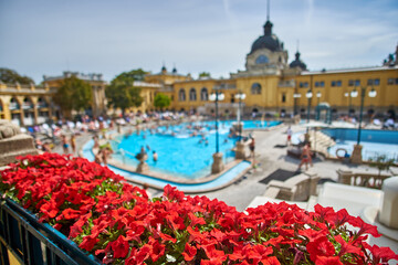 Szechenyi Baths in Budapest, Hungary.Courtyard of Szechenyi Baths, Hungarian thermal bath complex...