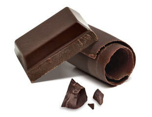 Broken or cracked dark chocolate tablet or bar with curl isolated on white background with clipping...