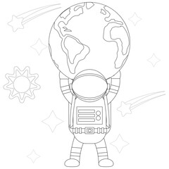 Illustration vector graphic coloring book of astronaut lift up earth