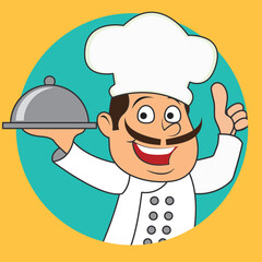 chef man with the toque holding a dish ready to serve. cartoon character. vector illustration