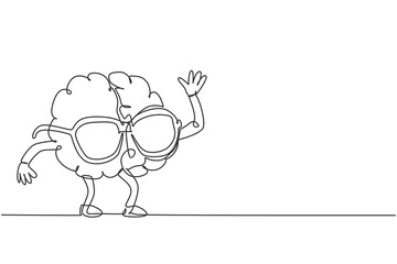 One single line drawing of human brain wearing stylish sunglasses logo identity. Character for optical shop icon logotype concept. Dynamic continuous line draw design graphic vector illustration