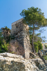 Saracen tower of Levant on the promenade of Zoagli, Genoa, Italy