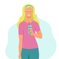 A young woman drinks a smoothie, fresh juice, a cocktail. The concept of proper nutrition, healthy lifestyle. Fat cartoon illustration.