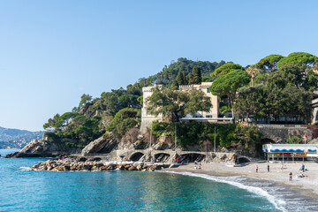 view of Zoagli beach with the cape, Genoa, Italy 