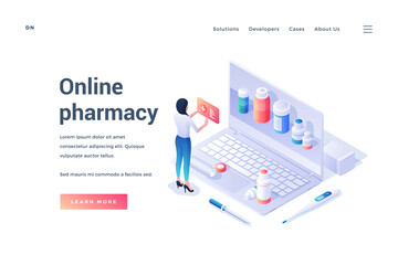 Cartoon woman shopping on website of online pharmacy
