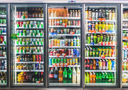 HANOI,VIETNAM - March 1,2021 -Variety Of Soft Drinks,energy Drinks,green Tea And Beer On Freezer Shelves At Convenience Store