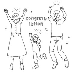 万歳して喜ぶ家族の線画イラストセット