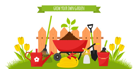 A set of garden tools, a wheelbarrow with seedlings on the background of a lawn with tulips and a fence. Bucket, watering can, hose. Horizontal banner. Vector illustration in a flat cartoon style.